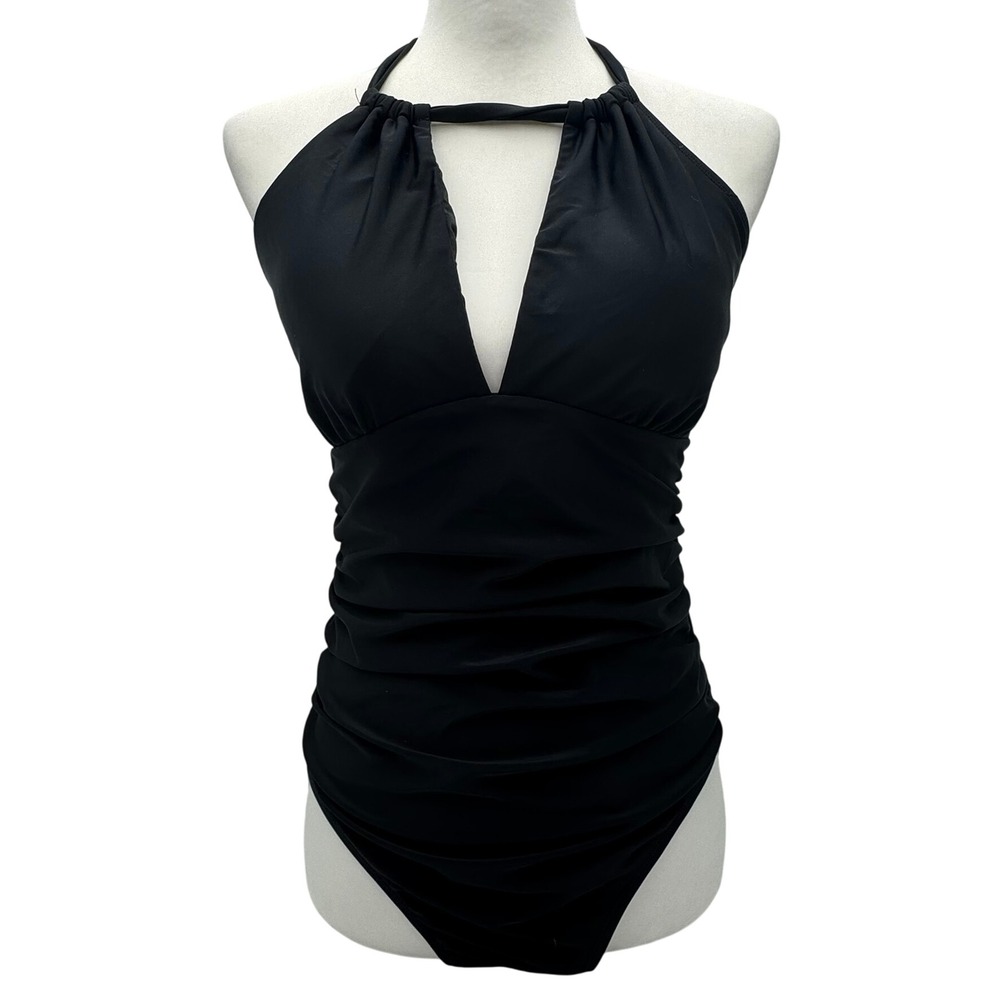 RELLECIGA PARIS Women's Medium Black Halter Plunge Backless One Piece Swimsuit